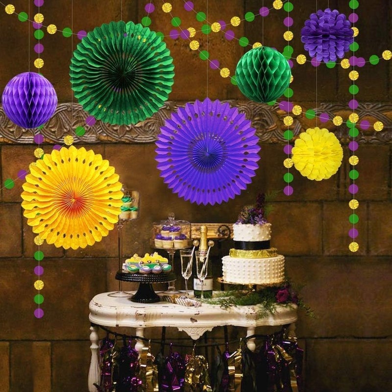 Decor365 Gold Purple Green Mardi Gras Party Decorations Glitter Circle Garlands Banner Hanging Paper Fan Tissue Pompoms Fat Tuesday Mardi Gras Birthday Bachelorette Bridal Cavinal Party Decor - Image 2
